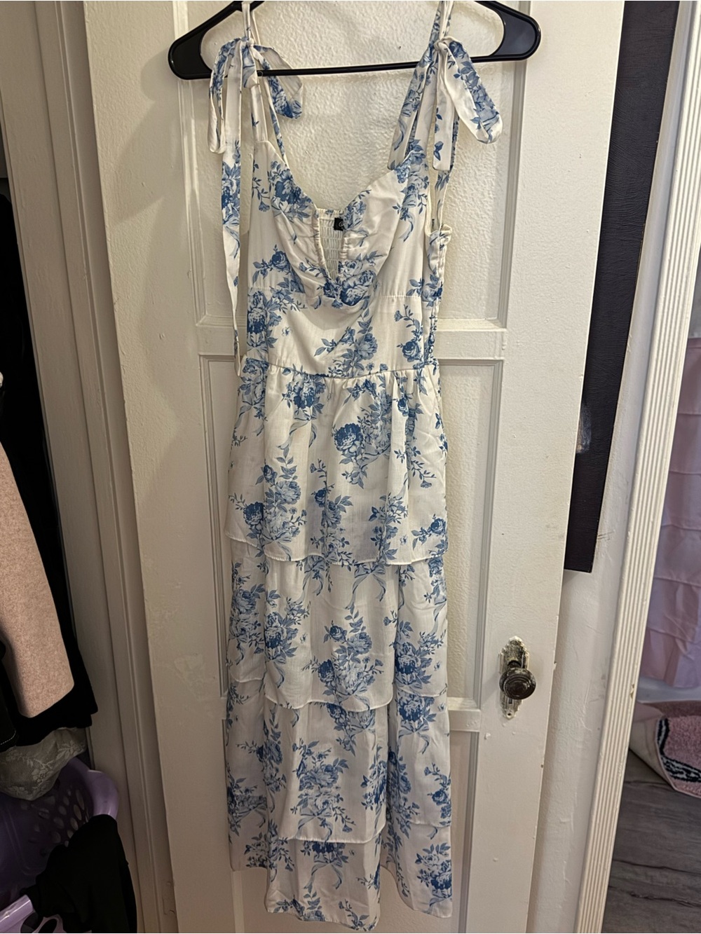 Crystal Doll White Maxi Dress with Blue Floral Print